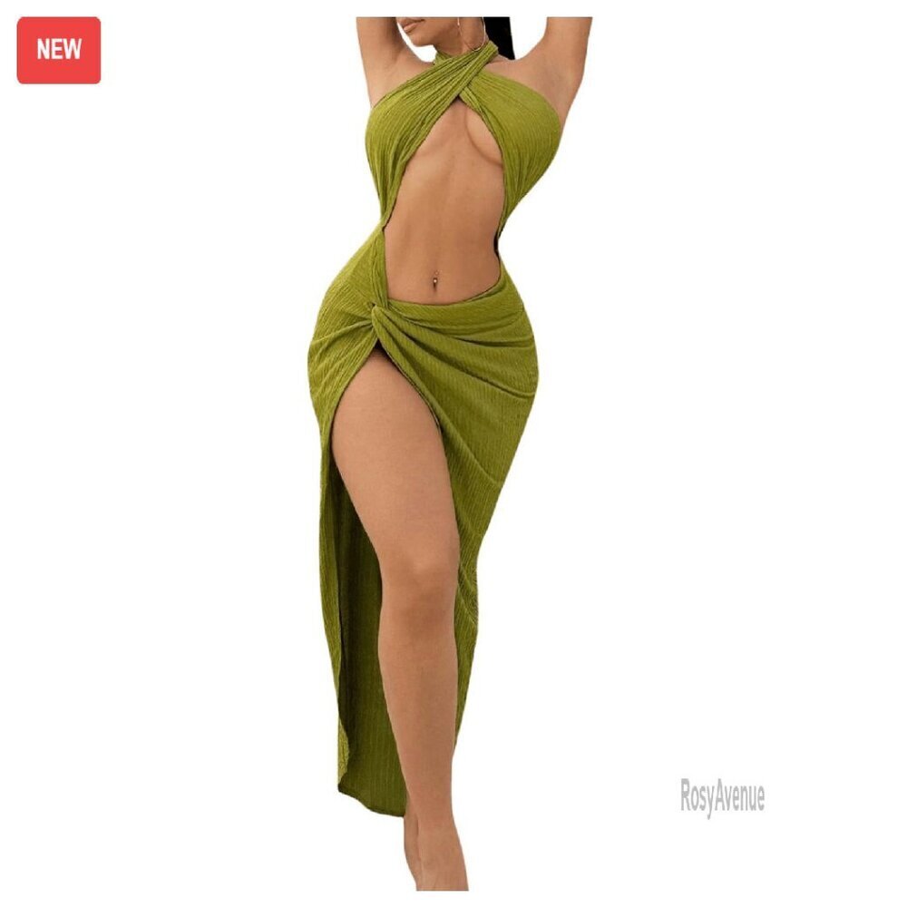 Sleeveless Halter Twist Front Long Dress Split Thigh Backless Sexy